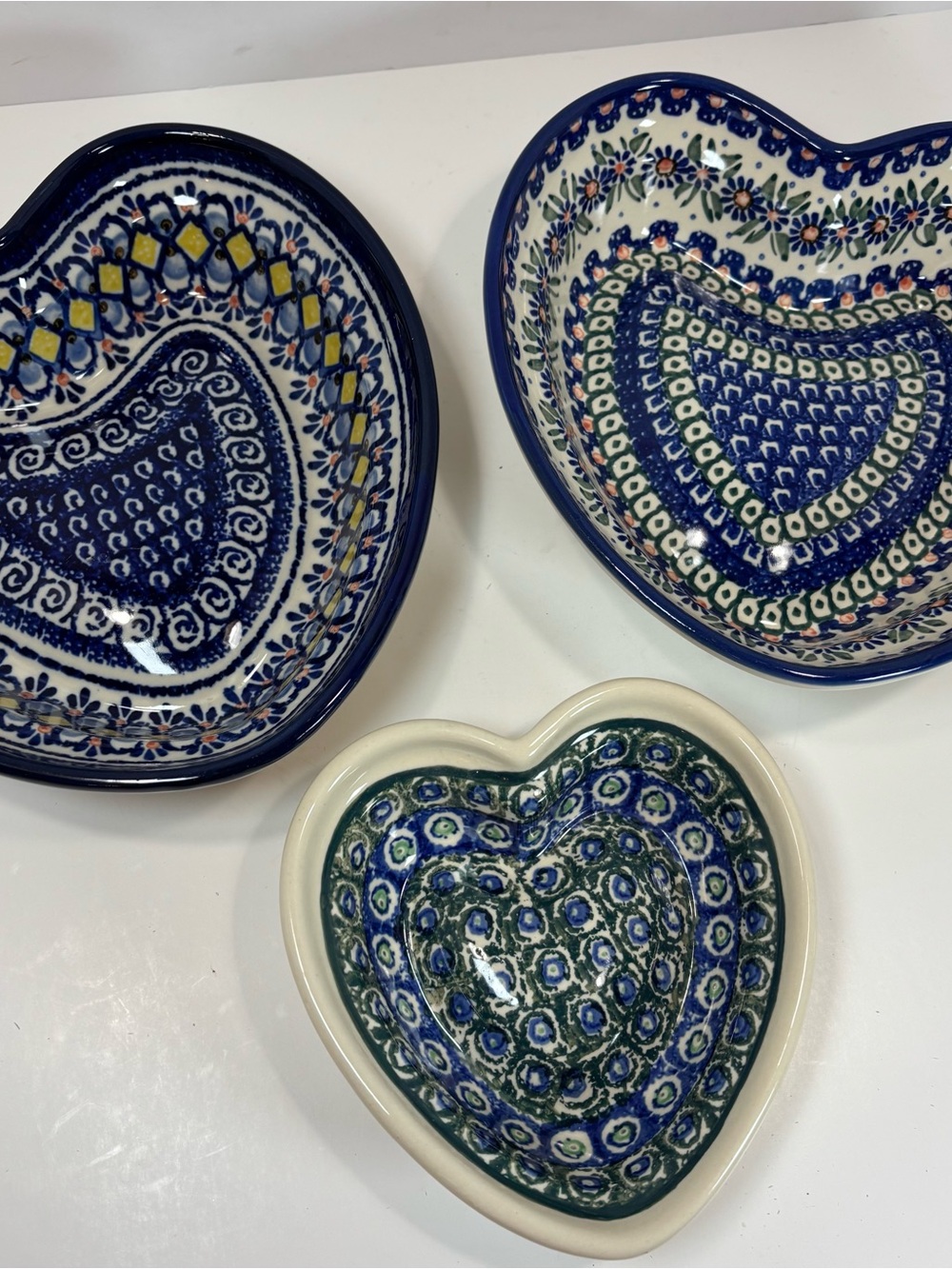 Handcrafted Heart Ceramic Serving Bowls in Blue & Green - Set of 3